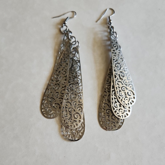 Silver Tone Filigree Dangle Earrings 3" L x 3/4" W Boho Cottage Core Artsy - Picture 1 of 13